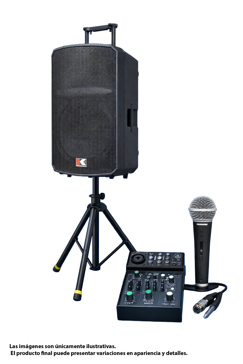 Combo de Sonido Portátil 15” con Consola, Micrófono y Pedestal