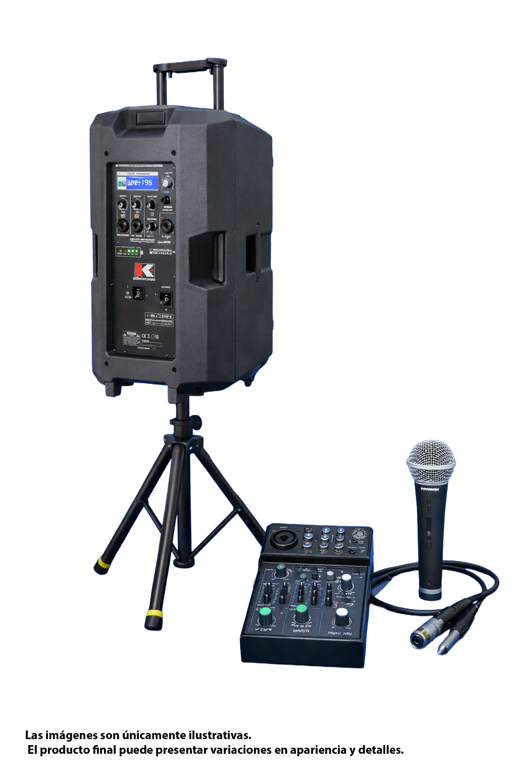 Combo de Sonido Portátil 15” con Consola, Micrófono y Pedestal