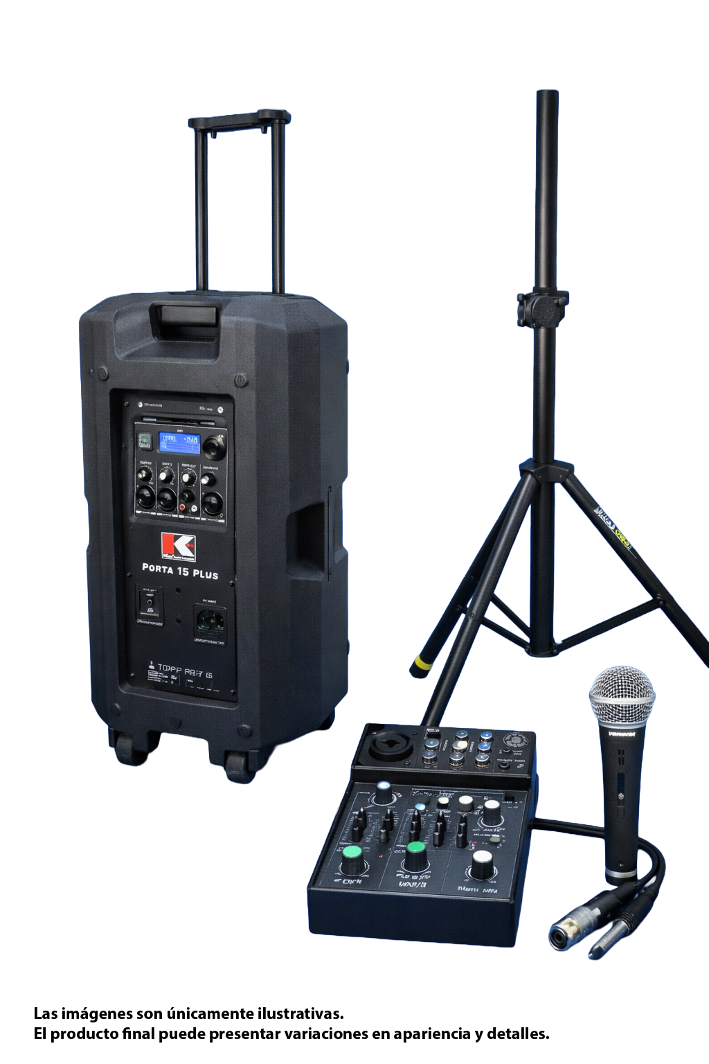 Combo de Sonido Portátil 15” con Consola, Micrófono y Pedestal